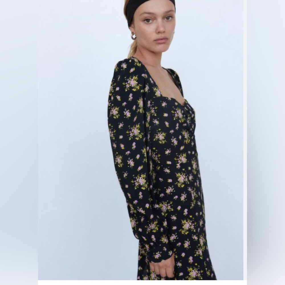 Zara Black Mini Dress with Pink and Green Floral Print NWT Size Medium